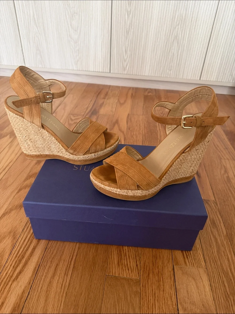 Stuart Weitzman Tan Suede Espadrille Wedge Sandals - Picture 8 of 9